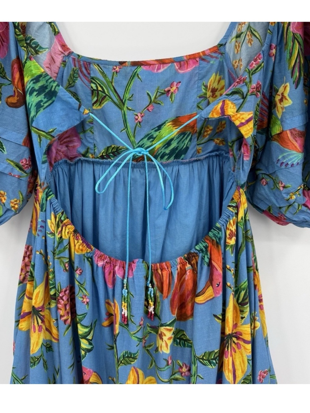 FARM Rio Blue Floral Backless Dress with Yellow & Pink Accents